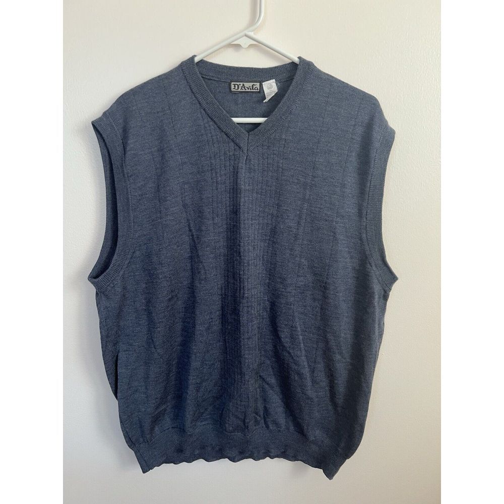 Vintage D'Avita Sweater Vest Men XL Blue Merino Wool Made in Italy V-Neck Preppy